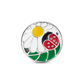 TINYSAND Rhodium Plated 925 Sterling Silver Enamel Charms, Flat Round with Flower and Ladybug Pattern, Platinum, 12.26x12.26x8.74mm, Hole: 4.78mm