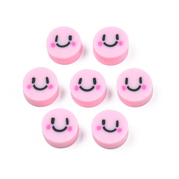 Handmade Polymer Clay Beads, Flat Round with Expression, Pearl Pink, 9~10x4~5mm, Hole: 1.6mm