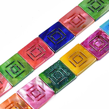 Freshwater Shell Beads Strands, Dyed, AB Color Plated, Square, Colorful, 27~28x27~28x3mm, Hole: 0.8mm, about 14pcs/strand, 15.28 inch~15.35 inch(38.8cm~39cm)