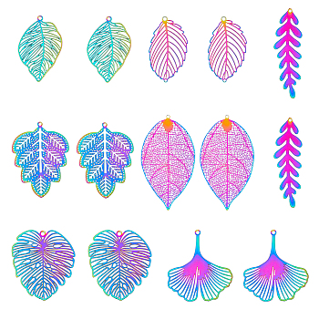 14Pcs 7 Style 201 Stainless Steel Filigree Big Pendants, Etched Metal Embellishments, Leaf Charm, Rainbow Color, 37~60x16~36x0.25~0.3mm, Hole: 1.2~1.6mm, 2pcs/style