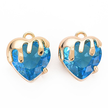 Brass Micro Pave Cubic Zirconia Charms, Real 18K Gold Plated, Nickel Free, Heart, Deep Sky Blue, 13x11x7.5mm, Hole: 1.6mm