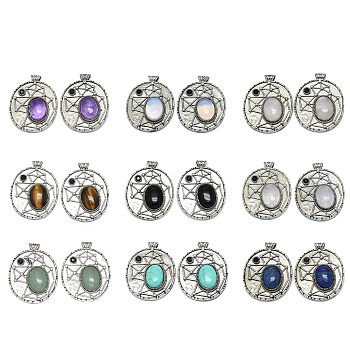 Natural & Synthetic Gemstone Mixed Gemstone Oval Pendants, Rack Plating Antique Silver Plated Brass Pave Rhinestone Oval Charms, Cadmium Free & Lead Free, 45x35x8mm, Hole: 3.5mm
