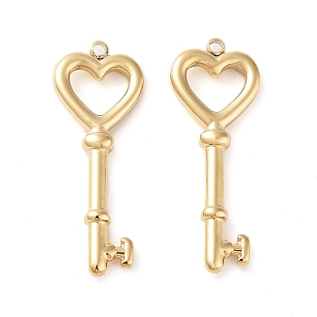 304 Stainless Steel Pendants, Heart Key Charm, Real 14K Gold Plated, 29.5x11x3mm, Hole: 1.4mm