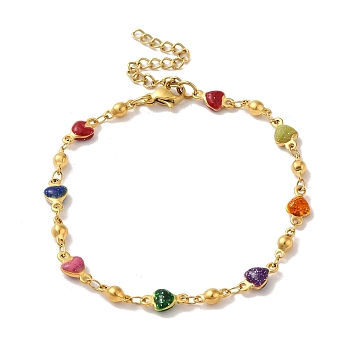 304 Stainless Steel Enamel Colorful Heart Link Chains Bracelets for Women, Golden, 7-3/8 inch(18.6cm)