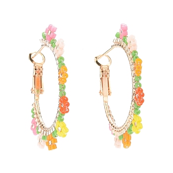 Brass Hoop Earrings, with Colorful Handmade Japanese Seed Beads, Flower, Golden, 35.5x35.5x5.5mm, Pin: 0.6mm