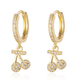 Clear Cubic Zirconia Cherry Dangle Hoop Earrings, Brass Earrings, Real 18K Gold Plated, 25x8mm