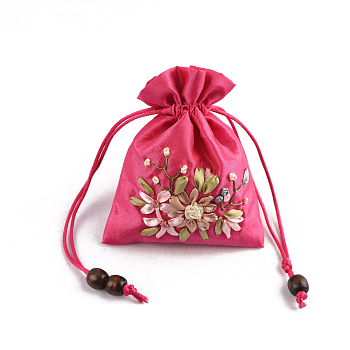 Flower Pattern Satin Jewelry Packing Pouches, Drawstring Gift Bags, Rectangle, Cerise, 14x10.5cm