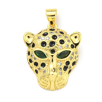 Brass Micro Pave Cubic Zirconia Pendants, Enamel Leopard Head Charms, Real 18K Gold Plated, 23.5x19x7mm, Hole: 4x3.5mm