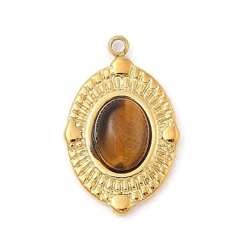 Natural Tiger Eye Pendants, with 304 Stainless Steel Findings, Ion Plating(IP), Oval Charms, Real 18K Gold Plated, 20.5x13x4.5mm, Hole: 1.5mm