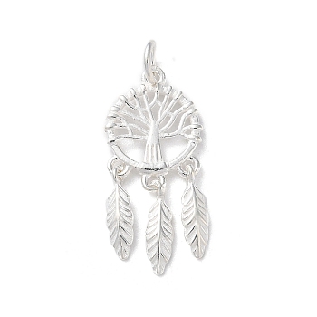 925 Sterling Silver Pendants, Woven Web/Net with Feather Charms with Jump Rings, Silver Color, Tree of Life, 17x12.5x1.6mm, Hole: 3.8mm