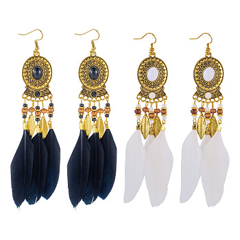 2 Pairs 2 Colors Feather Chandelier Earrings, with Alloy Earring Findings, Antique Golden, Mixed Color, 120x21.5mm, 1 pair/color