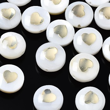 Freshwater Shell Beads, Golden Metal Enlaced, Flat Round with Heart, White, 8.5x3.5~5mm, Hole: 0.8mm