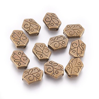 Tibetan Style Alloy Beads, Cadmium Free & Nickel Free & Lead Free, Antique Bronze Color, Hexagon with Leaf, about 11.5mm long, 8mm wide, 4mm thick, hole: 1mm