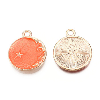 Alloy Enamel Pendants, Cadmium Free & Lead Free, Flat Round with Moon and Star, Golden, Coral, 26x21x2.5mm, Hole: 2.5mm