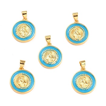 Brass Enamel Pendants, Cadmium Free & Lead Free, Long-Lasting Plated, Flat Round with Virgin Mary, Real 18K Gold Plated, Dark Turquoise, 18x16x2.5mm, Hole: 4.5x3.5mm