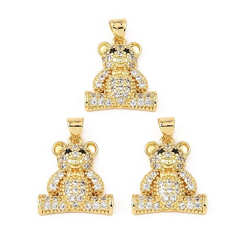 Rack Plating Brass Micro Pave Cubic Zirconia Pendants, Long-Lasting Plated, Cadmium Free & Lead Free, Bear Charms, Real 18K Gold Plated, 19x16x4.8mm, Hole: 3x3.8mm