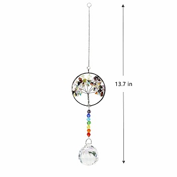 Big Pendant Decorations, Hanging Sun Catchers, Chakra Theme K9 Crystal Glass, Flat Round with Tree of Life, Colorful, 34.8cm