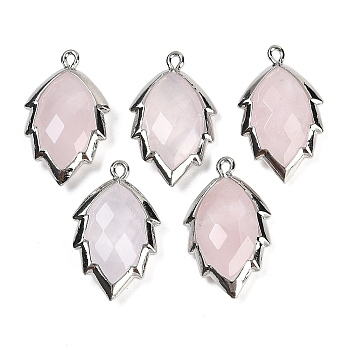 Natural Rose Quartz Faceted Leaf Pendants, Rack Plating Brass Charms, Platinum, 23x13.5x5.5mm, Hole: 1.2mm