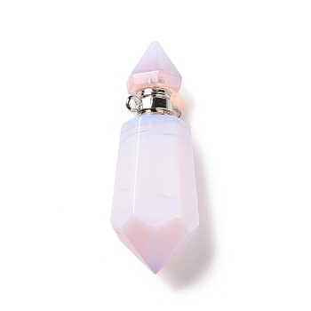 Faceted Glass Perfume Bottle Pendants, with Platinum Tone Brass Findings, Cadmium Free & Lead Free, Bottle, Pearl Pink, 42~44x13x13mm, Hole: 1.6mm