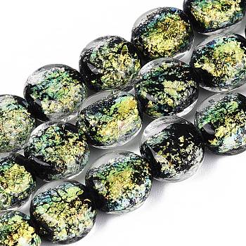 Handmade Foil Glass Beads Strands, Flat Round, Yellow, 10.5x5~7mm, Hole: 1~1.6mm, about 40pcs/strand, 16.34~17.13 inch(41.5~43.5cm)