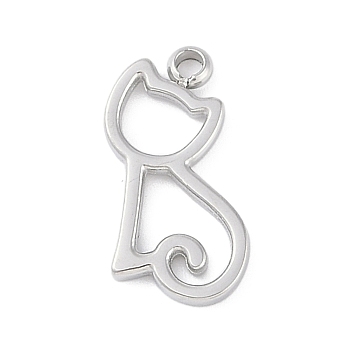 Non-Tarnish 304 Stainless Steel Charms, Hollow Cat Charm, Stainless Steel Color, 13.5x7x1mm, Hole: 1.4mm