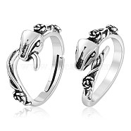 2Pcs 2 Style Alloy Snake with Rose Open Cuff Rings Set, Adjustable Rings for Women, Antique Silver, US Size 6(16.5mm), 1Pc/style(JR932A)