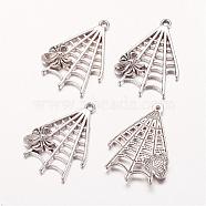 Halloween Jewelry Alloy Pendants, Spider in Web, Cadmium Free & Nickel Free & Lead Free, Antique Silver, 32x23x3.5mm, Hole: 1.5mm(PALLOY-3782-AS-FF)