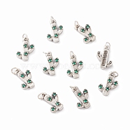 Brass Micro Pave Green Cubic Zirconia Charms, with Jump Rings, Long-Lasting Plated, Cactus, Antique Silver, 13x9x2.5mm, Jump Ring: 4x0.5mm, Inner Diameter: 2.5mm(ZIRC-A016-07AS)