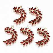 Brass Micro Pave Cubic Zirconia Pendants, Light Gold, Long-Lasting Plated, Cadmium Free & Lead Free, Willow Branch, Red, 24x17x3mm, Hole: 1.2mm(KK-S359-002B-RS)