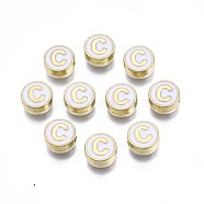 Alloy Enamel Beads, Cadmium Free & Lead Free, Light Gold, Flat Round with Alphabet, White, Letter.C, 8x4mm, Hole: 1.5mm(ENAM-N052-006-01C-RS)