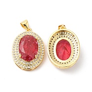 Real 16K Gold Plated Brass Micro Pave Cubic Zirconia Pendants, with Glass, Oval Charms, Red, 23x17x8mm, Hole: 5x3.5mm(ZIRC-L103-061G-02)