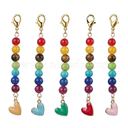 Alloy Enamel Heart Pendant Decorations, with Chakra Natural Gemstone Round Bead and Alloy Lobster Claw Clasps, Mixed Color, 100mm(HJEW-JM01507)