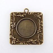 Vintage Tibetan Style Alloy Square Carved Branch Pendant Cabochon Bezel Settings, Cadmium Free & Nickel Free & Lead Free, Antique Bronze, Flat Round Tray: 20mm, 40.5x36x2mm, Hole: 3mm, about 125pcs/kg(TIBEP-M018-17AB-NF)