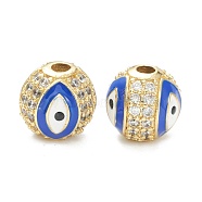 Brass Micro Pave Cubic Zirconia Charms, with Enamel,  Long-Lasting Plated, Flat Round with Evil Eye, Real 18K Gold Plated  , Blue, 10mm, Hole: 2mm(ZIRC-A019-16G-B02)
