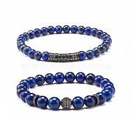 Natural Lapis Lazuli(Dyed) Round Beads Stretch Bracelets Set, Round & Tube Brass Micro Pave Cubic Zirconia Beads Bracelets, Gunmetal, Inner Diameter: 2-1/4 inch(5.6cm), 2pcs/set(BJEW-JB06980-03)