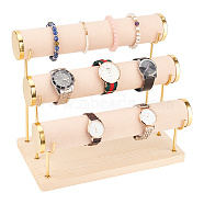 3-Tier T Bar Velvet Bracelet Display Stands, Jewelry Organizer Holder for Bangle Bracelet Storage, with Iron Holers and Wooden Base, PeachPuff, Finish Product: 29.3x16x24.8cm(BDIS-WH0006-006A)