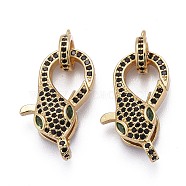 Brass Micro Pave Black & Green Cubic Zirconia Lobster Claw Clasp, Long-Lasting Plated, with Jump Rings, Snake Shape, Real 18K Gold Plated, 23x12.5x7mm(X-ZIRC-Z011-19G)