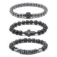 Energy Power Cross Beads Stretch Bracelets Set for Men Women, Natural Wood & Synthetic Turquoise(Dyed) & Synthetic Hematite & Natural Lava Rock Beads Bracelets, Inner Diameter: 2-1/8 inch(5.5cm), 3pcs/set(BJEW-JB06891)