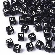 Opaque Acrylic Beads, Horizontal Hole, Alphabet Style, Cube, Black & White, Letter.F, 5x5x5mm, Hole: 2mm, about 440pcs/44g(X-SACR-N002-01F)