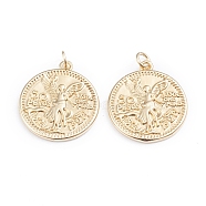 Brass Coin Pendants, with Jump Rings, Long-Lasting Plated, Flat Round & Angel & Word, Real 18K Gold Plated, 23x20.5x2mm, Hole: 3mm(ZIRC-I042-03G)