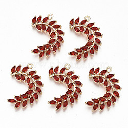 Brass Micro Pave Cubic Zirconia Pendants, Light Gold, Long-Lasting Plated, Cadmium Free & Lead Free, Willow Branch, Red, 24x17x3mm, Hole: 1.2mm(KK-S359-002B-RS)
