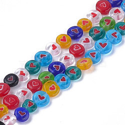 Handmade Lampwork Beads Strands, Flat Round with Heart, Mixed Color, 6~6.5x2.5mm, Hole: 1mm, about 64pcs/strand, 14.3 inch(LAMP-S191-07)