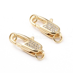 Brass Micro Pave Clear Cubic Zirconia Lobster Claw Clasp, with Jump Rings, Long-Lasting Plated, Real 18K Gold Plated, 19.5x9.5x5mm, Hole: 3.2mm(ZIRC-I043-31B-G)