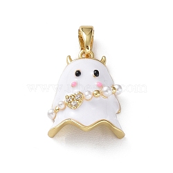 Rack Plating Brass Enamel Pendants, with Plastic Pearls and Cubic Zirconia, Golden, Ghost Charm, White, 17.5x13x6mm, Hole: 5×3mm(KK-D060-01G-01)