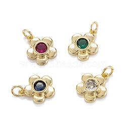 Brass Cubic Zirconia Charms, Real 18K Gold Plated, Long-Lasting Plated, Plum Blossom , Mixed Color, 14x12x3.5mm, Hole: 3mm, Jump Ring: 5x0.8mm(KK-G399-06)