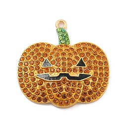 Alloy with Glass Rhinestone Pendants, Halloween Theme, Pumpkin, 39.5x39x6.5mm, Hole: 2mm(FIND-B033-01D-G)