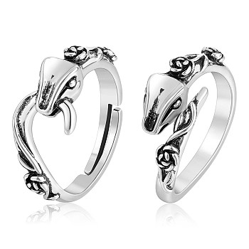 2Pcs 2 Style Alloy Snake with Rose Open Cuff Rings Set, Adjustable Rings for Women, Antique Silver, US Size 6(16.5mm), 1Pc/style