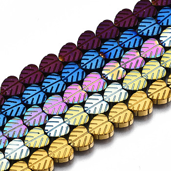 Electroplate Non-magnetic Synthetic Hematite Beads Strands, Leaf, Mixed Color, 6x6x2.5mm, Hole: 0.8mm, about 64~69pcs/strand, 14.57 inch~15.35 inch(37cm~39cm)