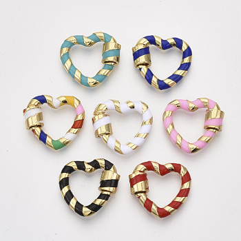 Brass Screw Carabiner Lock Charms, for Necklaces Making, with Enamel, Nickel Free, Heart, Real 18K Gold Plated, Mixed Color, 18x19.5x3~5.5mm