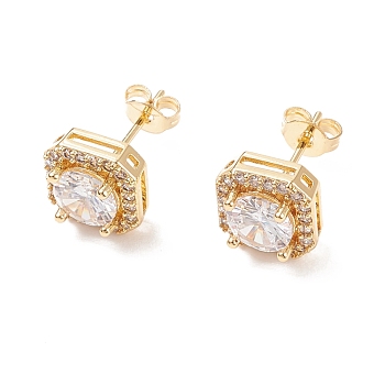 Clear Cubic Zirconia Square Stud Earrings, Brass Jewelry for Women, Cadmium Free & Lead Free, Real 18K Gold Plated, 9x9mm, Pin: 0.6mm